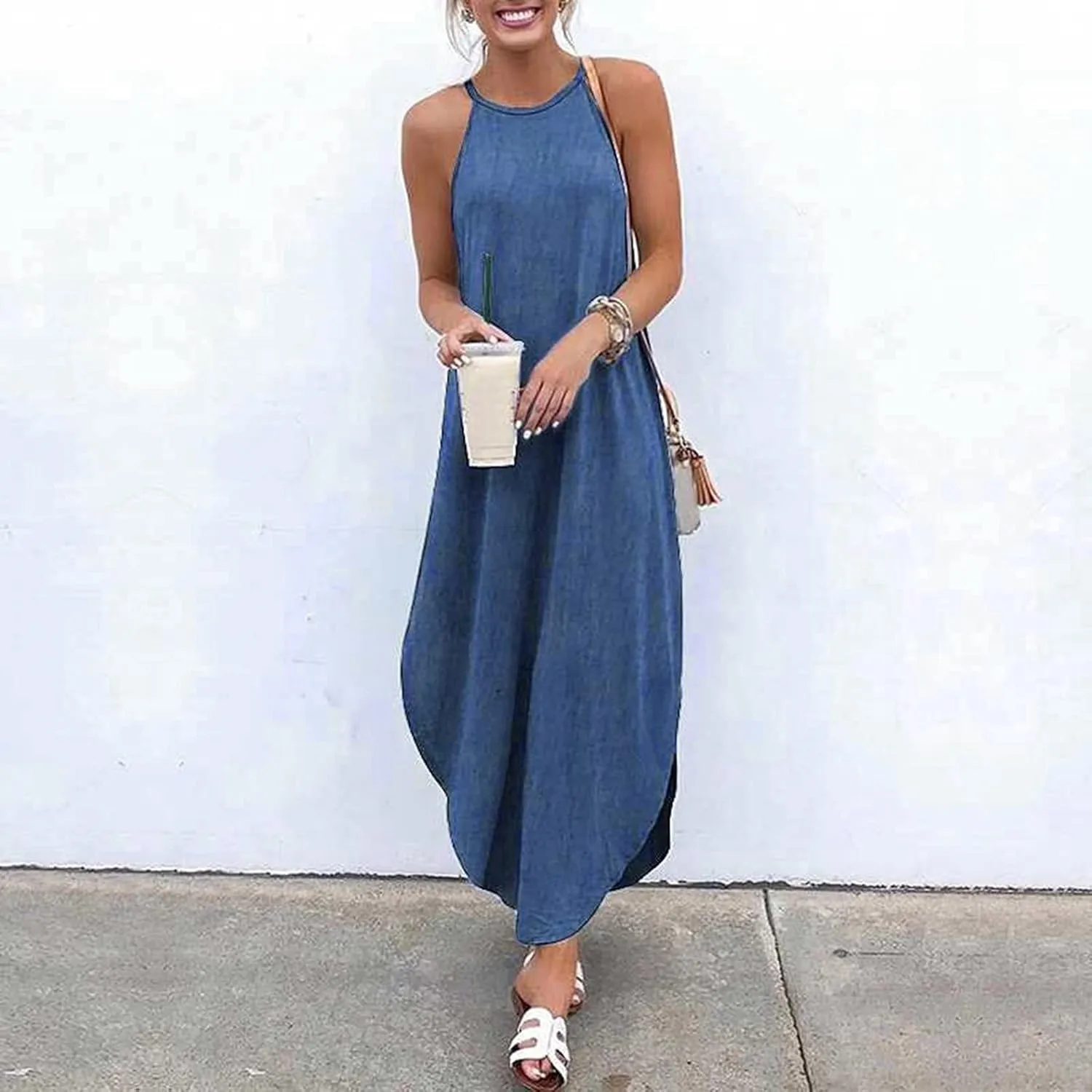 Denim Dresses for Women 2025 Summer Split Hem Beach Vacation Long Sundress Casual Loose Fit Sleeveless Crewneck Dress