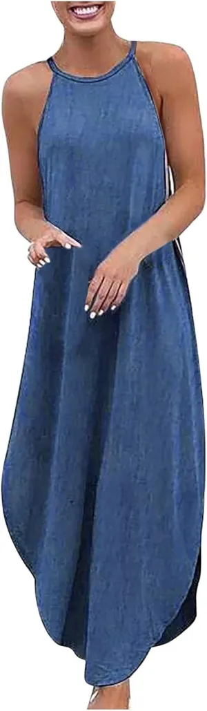 Denim Dresses for Women 2025 Summer Split Hem Beach Vacation Long Sundress Casual Loose Fit Sleeveless Crewneck Dress