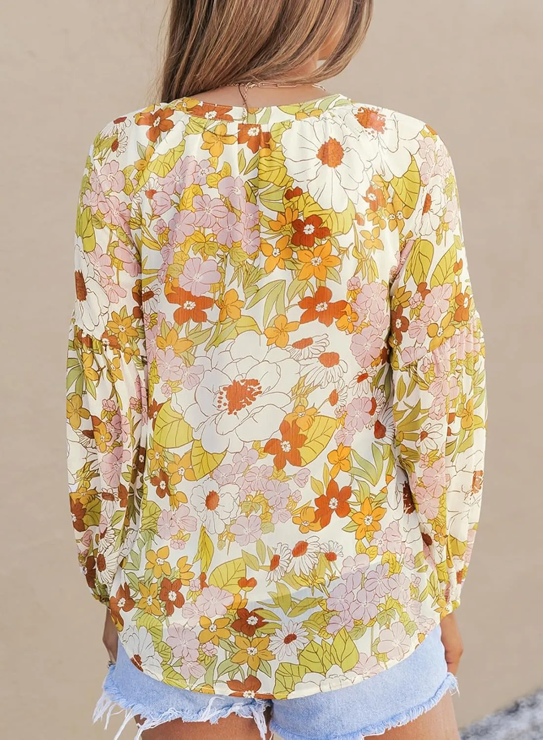 Dokotoo Women's Casual Boho Floral Print V Neck Long Sleeve T Shirt Blouses