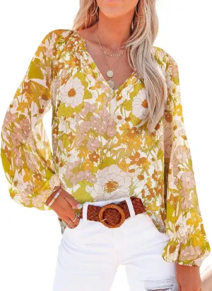 Dokotoo Women's Casual Boho Floral Print V Neck Long Sleeve T Shirt Blouses