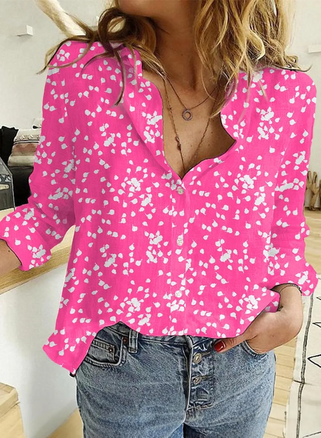 Dokotoo Women's Casual V Neck Alicia Floral Print Roll Up Long Sleeve Chiffon Button Down Blouses Bohemian Top Shirts