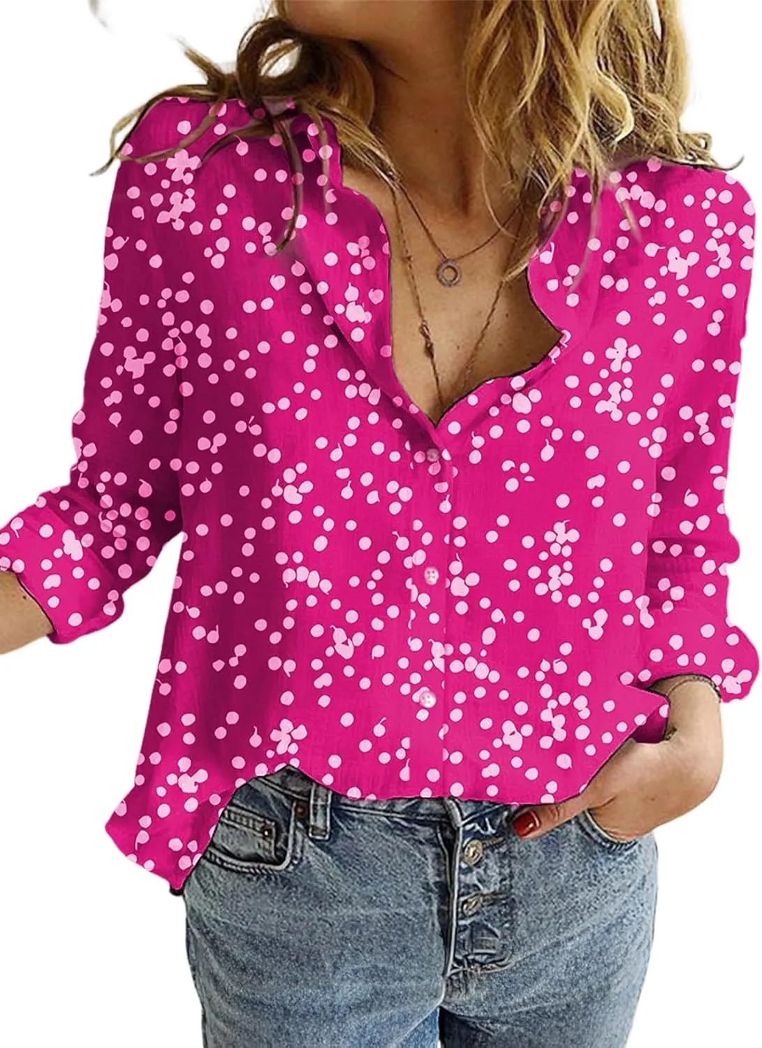 Dokotoo Women's Casual V Neck Alicia Floral Print Roll Up Long Sleeve Chiffon Button Down Blouses Bohemian Top Shirts