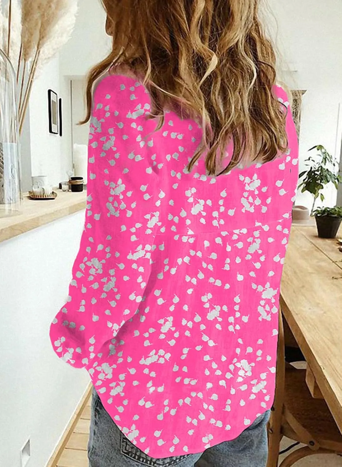 Dokotoo Women's Casual V Neck Alicia Floral Print Roll Up Long Sleeve Chiffon Button Down Blouses Bohemian Top Shirts