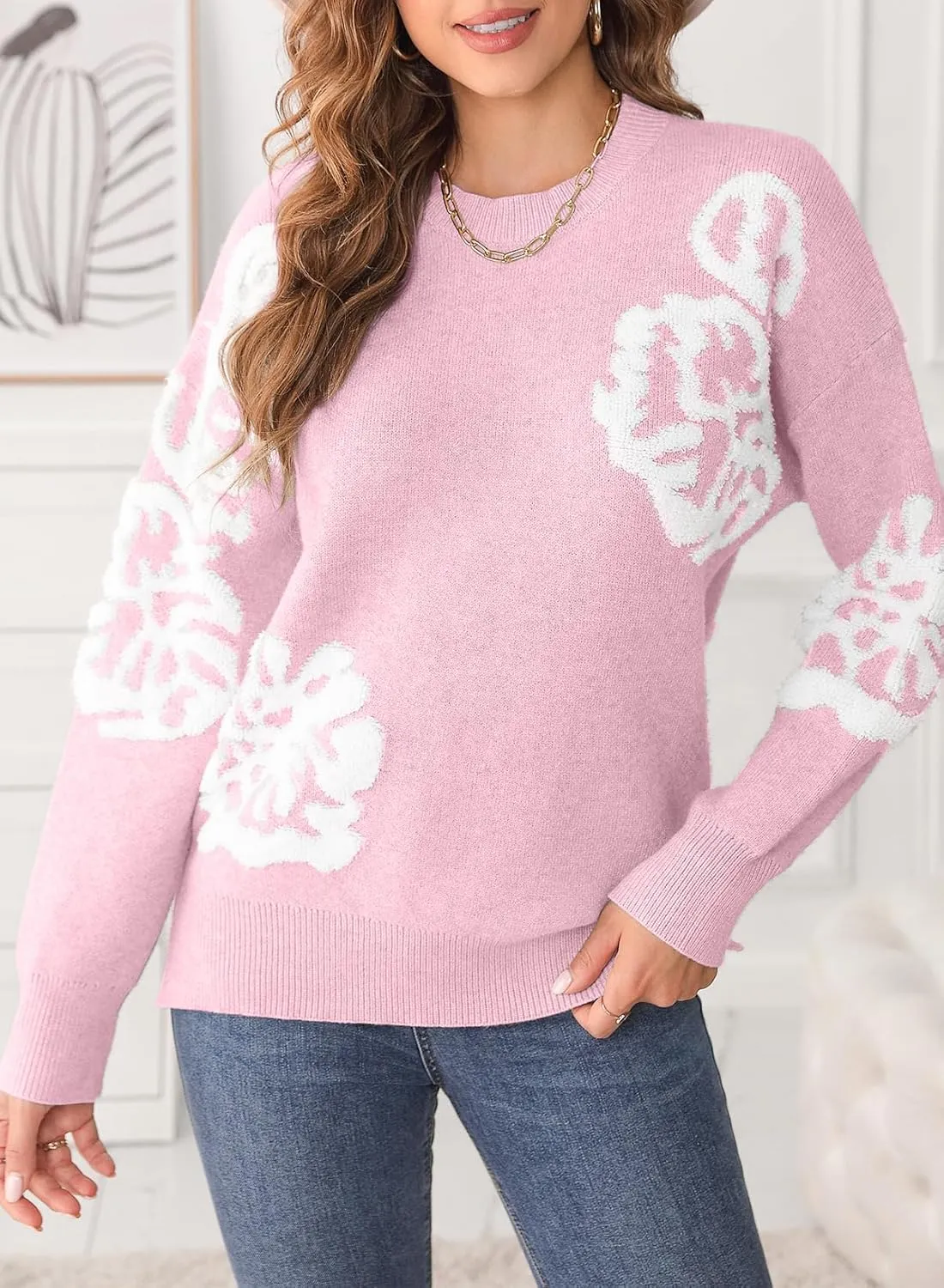 EVALESS Sweaters for Women Trendy Fashion 2024 Long Sleeve Crewneck Pullover Sweater