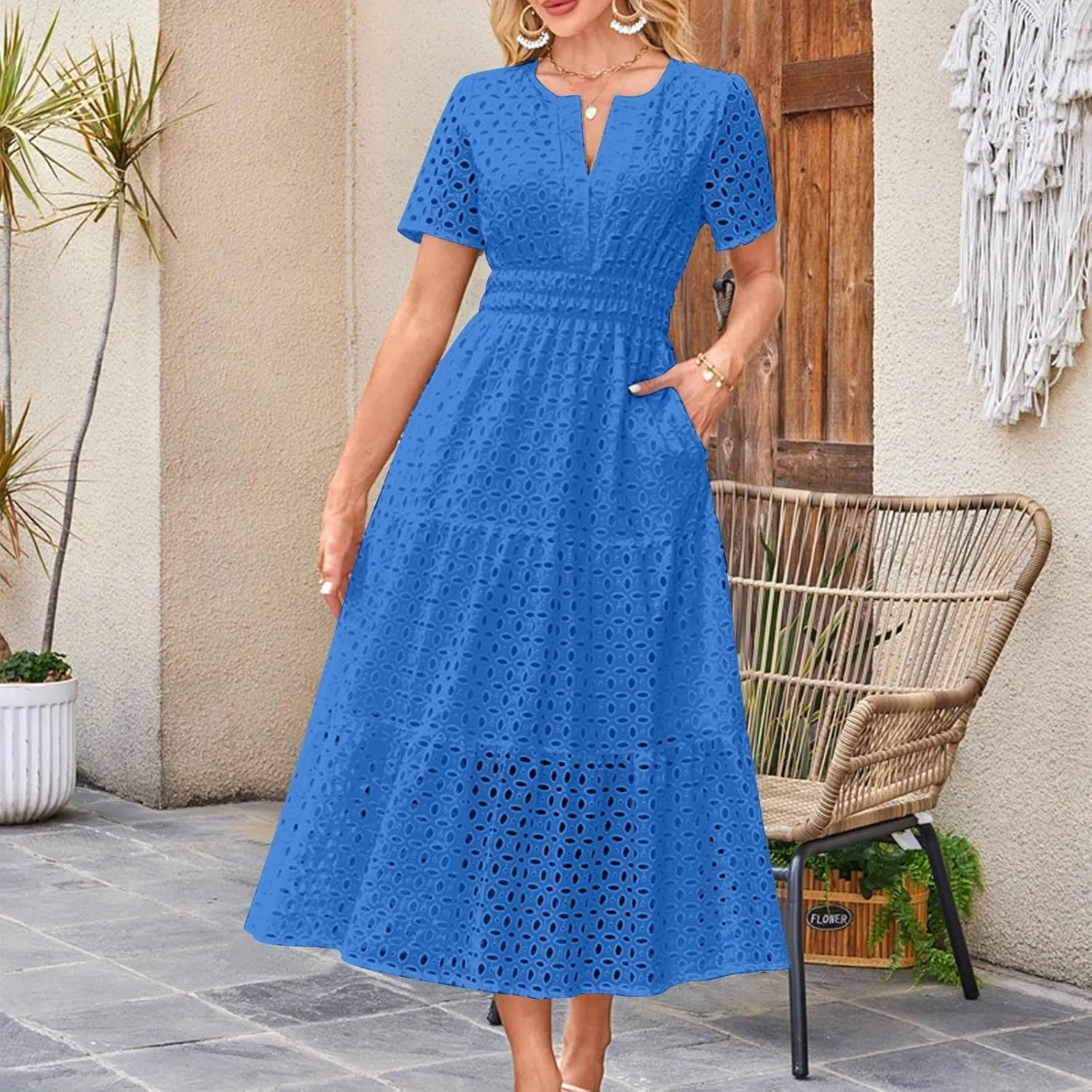 Eyelet Dresses for Women 2025 Cotton Short Sleeve Dresses Casual V Neck Maxi Sundress Summer Vacation Sundress