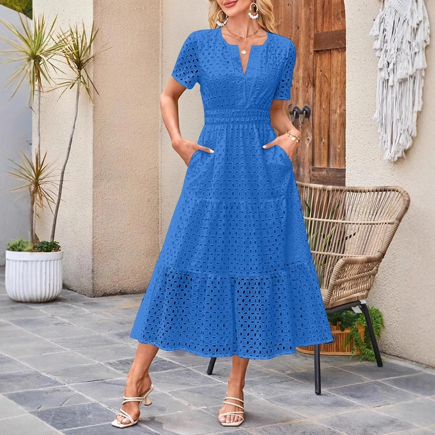 Eyelet Dresses for Women 2025 Cotton Short Sleeve Dresses Casual V Neck Maxi Sundress Summer Vacation Sundress