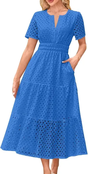 Eyelet Dresses for Women 2025 Cotton Short Sleeve Dresses Casual V Neck Maxi Sundress Summer Vacation Sundress