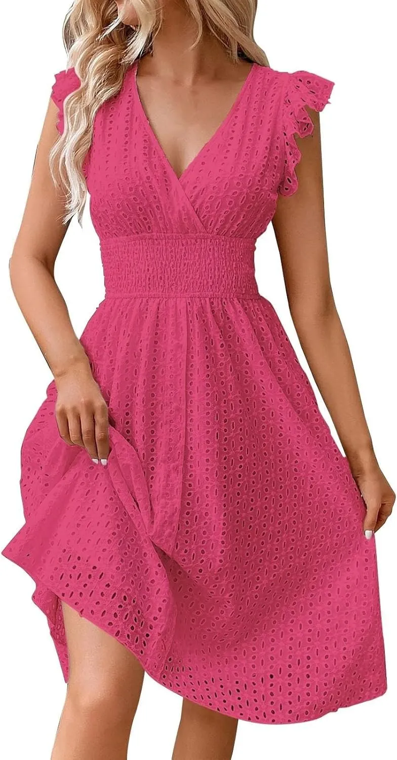 Eyelet Dresses for Women 2025 Cute Summer V Neck Cap Sleeve Smocked Empire Waist Knee Length Fit and Flare Dress