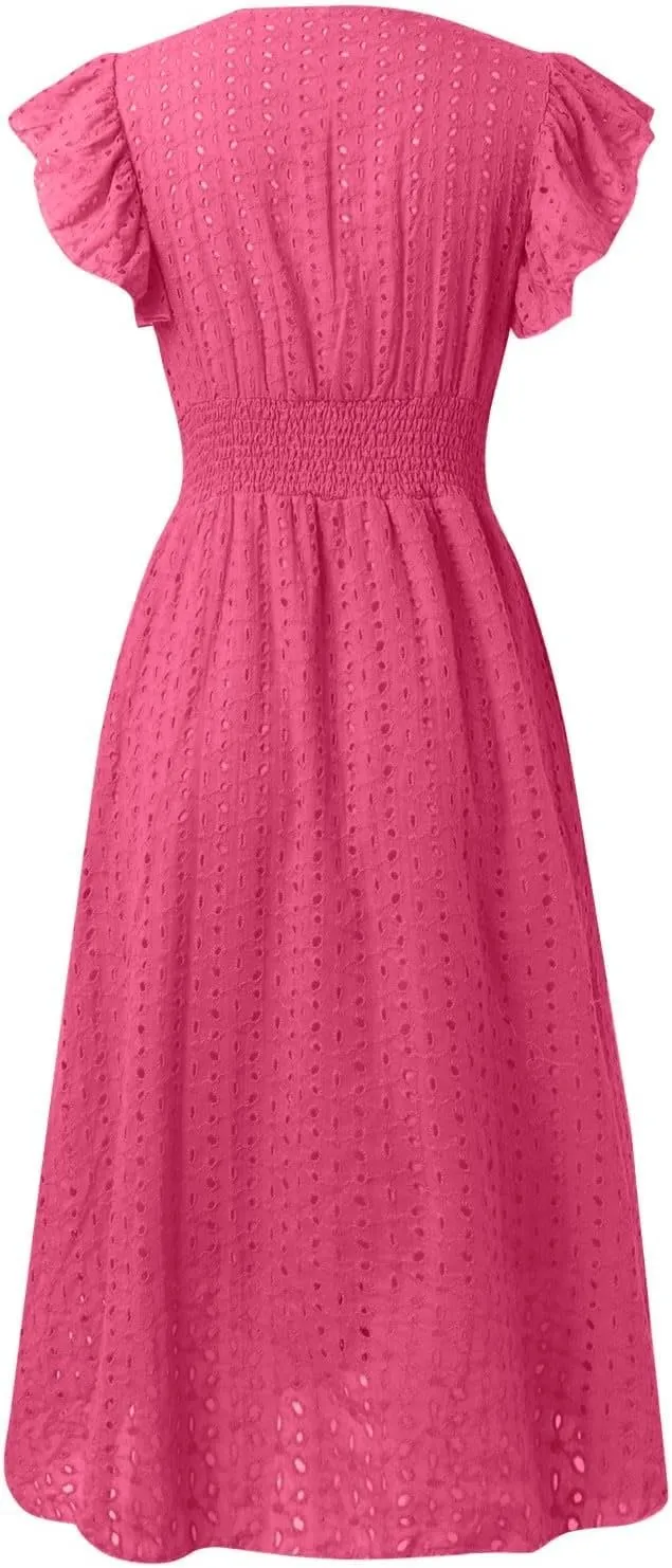 Eyelet Dresses for Women 2025 Cute Summer V Neck Cap Sleeve Smocked Empire Waist Knee Length Fit and Flare Dress