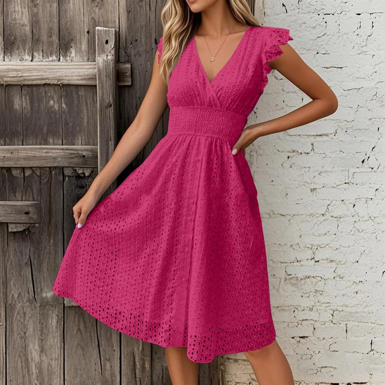 Eyelet Dresses for Women 2025 Cute Summer V Neck Cap Sleeve Smocked Empire Waist Knee Length Fit and Flare Dress