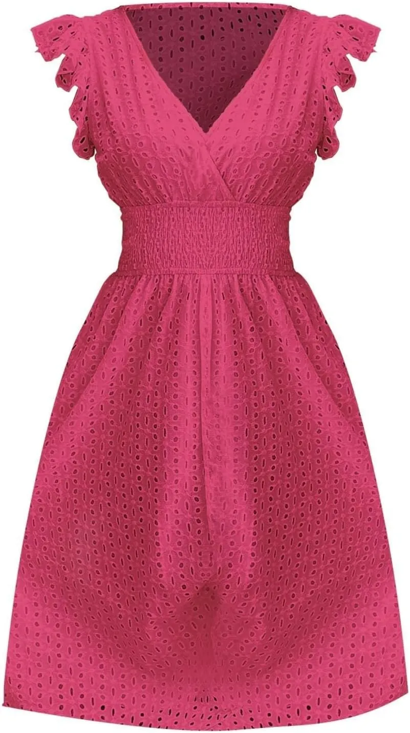 Eyelet Dresses for Women 2025 Cute Summer V Neck Cap Sleeve Smocked Empire Waist Knee Length Fit and Flare Dress