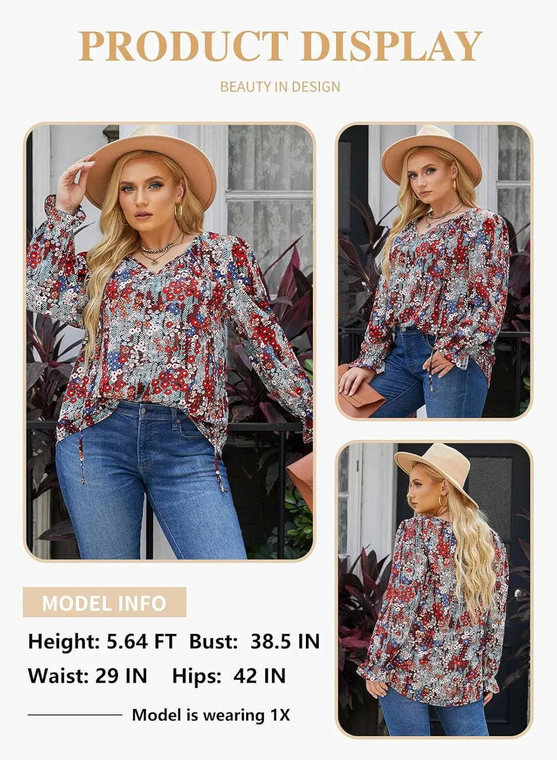 Eytino Plus Size Tops for Women Boho Floral Print V Neck Long Sleeve Drawstring Chiffon Blouses Shirts(1X-5X)