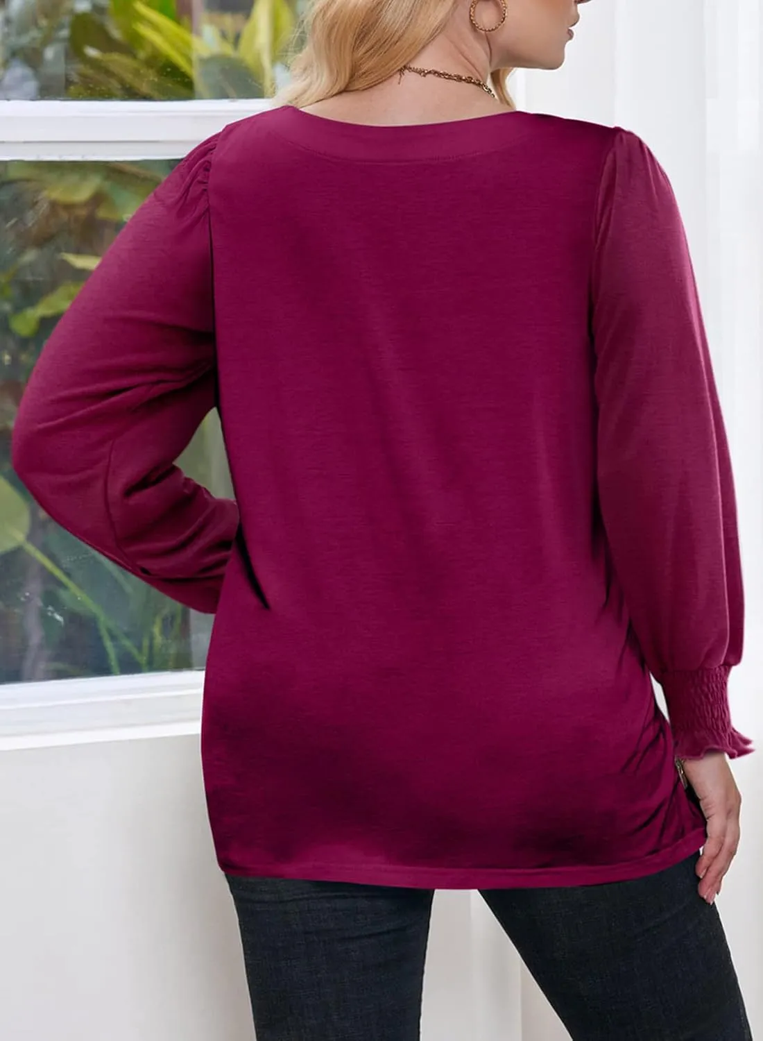 Eytino Plus Size Tops for Women Square Neck Puff Sleeve Summer Casual Loose Blouse Shirts(1X-5X)