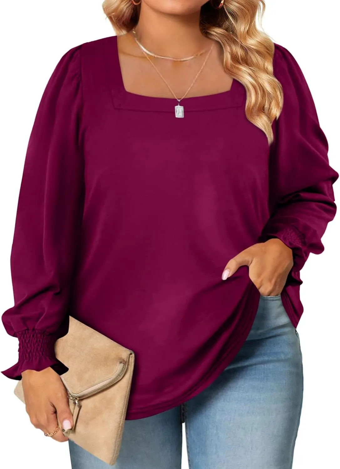 Eytino Plus Size Tops for Women Square Neck Puff Sleeve Summer Casual Loose Blouse Shirts(1X-5X)