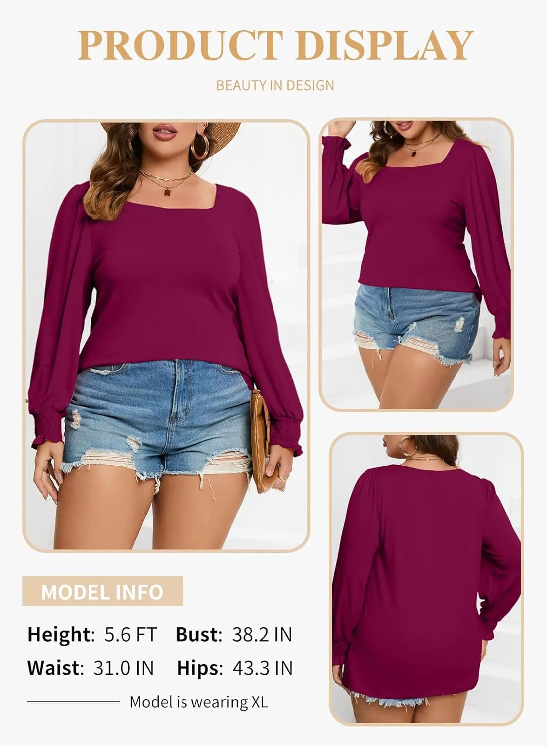 Eytino Plus Size Tops for Women Square Neck Puff Sleeve Summer Casual Loose Blouse Shirts(1X-5X)