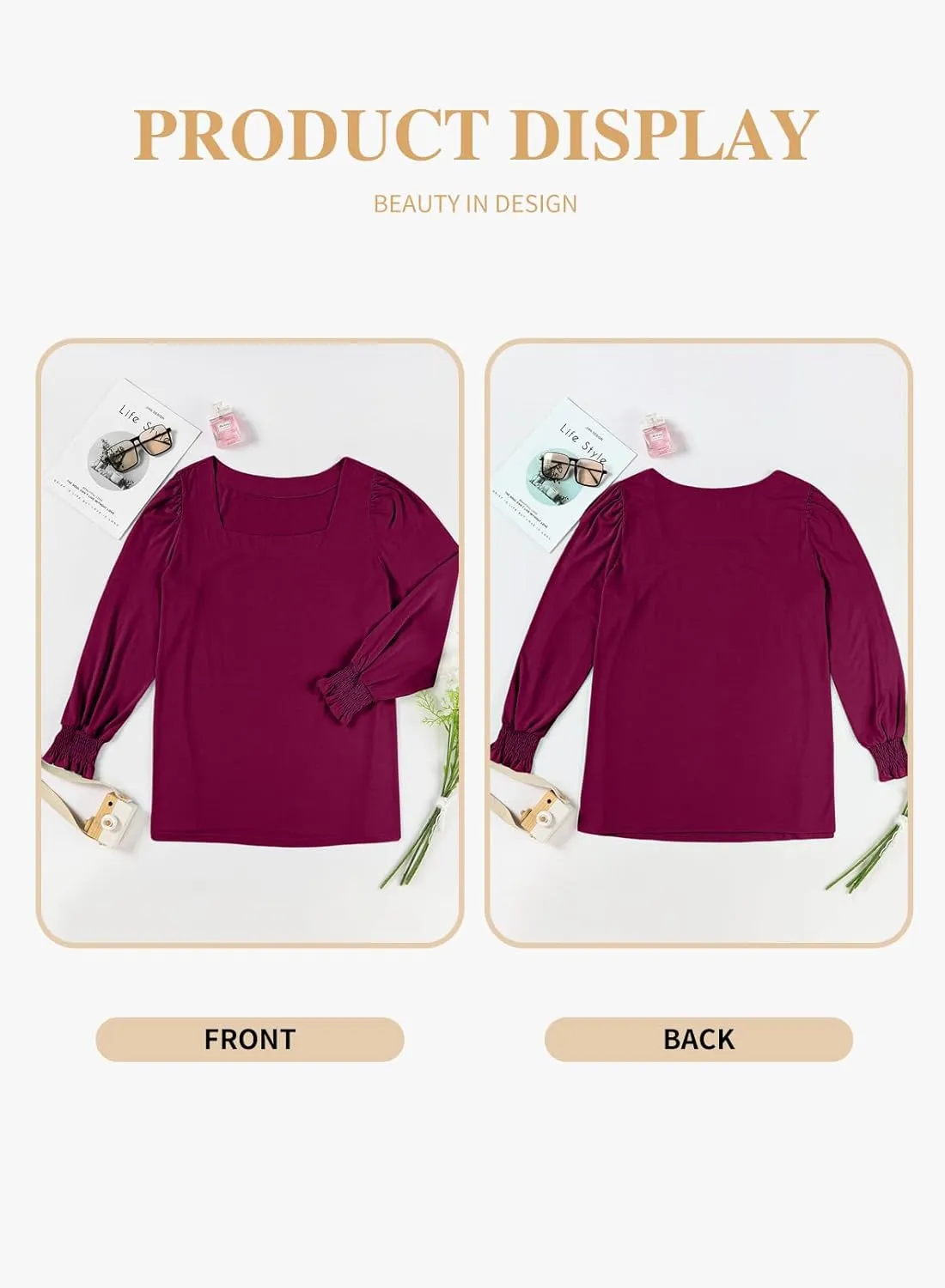 Eytino Plus Size Tops for Women Square Neck Puff Sleeve Summer Casual Loose Blouse Shirts(1X-5X)