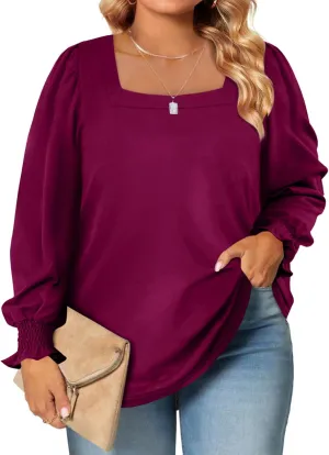 Eytino Plus Size Tops for Women Square Neck Puff Sleeve Summer Casual Loose Blouse Shirts(1X-5X)