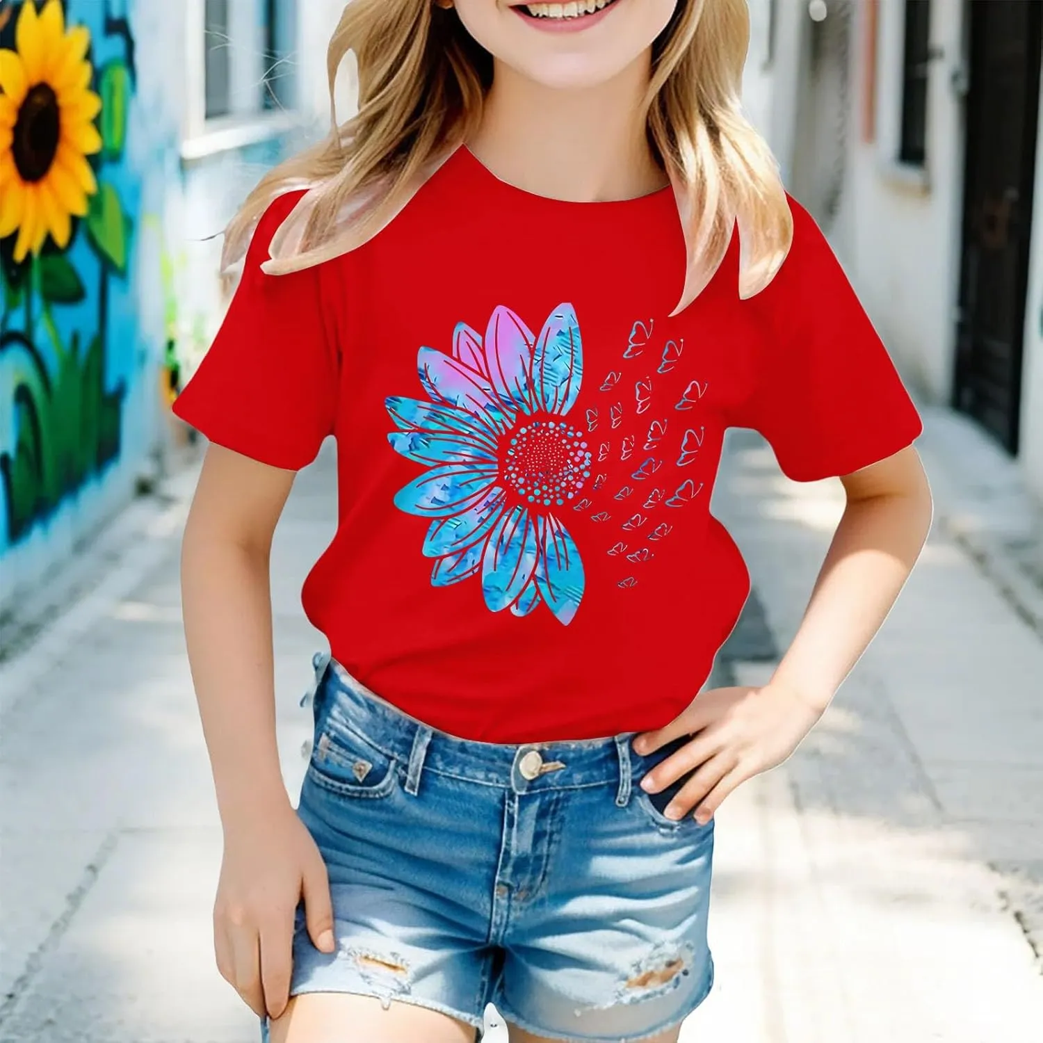 Girls Flower Graphic Tees Short Sleeve Cute Aesthetic T-Shirt for Kids Preppy Trendy Soft Tween Crewneck Blouse
