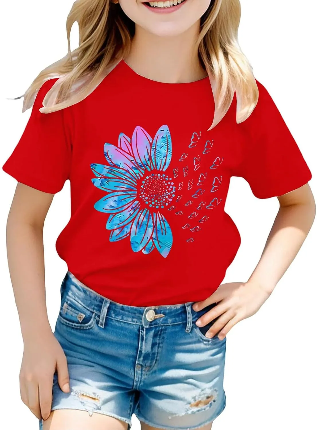 Girls Flower Graphic Tees Short Sleeve Cute Aesthetic T-Shirt for Kids Preppy Trendy Soft Tween Crewneck Blouse