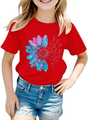 Girls Flower Graphic Tees Short Sleeve Cute Aesthetic T-Shirt for Kids Preppy Trendy Soft Tween Crewneck Blouse
