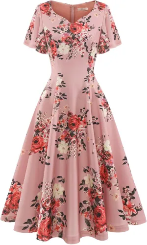 HomRain Wedding Guest Dresses for Women Vintage Short Sleeves Casual Fit and Flare Cocktail Formal Dress for Tea Party