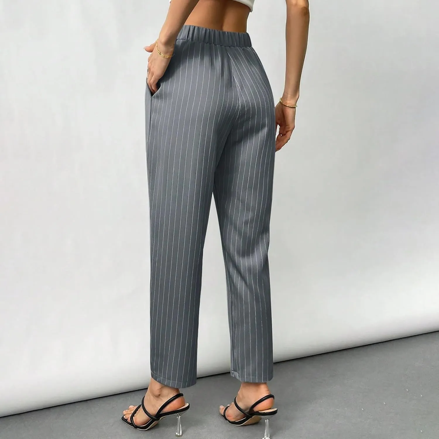 JOAU Women's Striped Print High Waisted Dress Pants Straight Leg Work Business Suit Pants Casual Pleated Office Trousers
