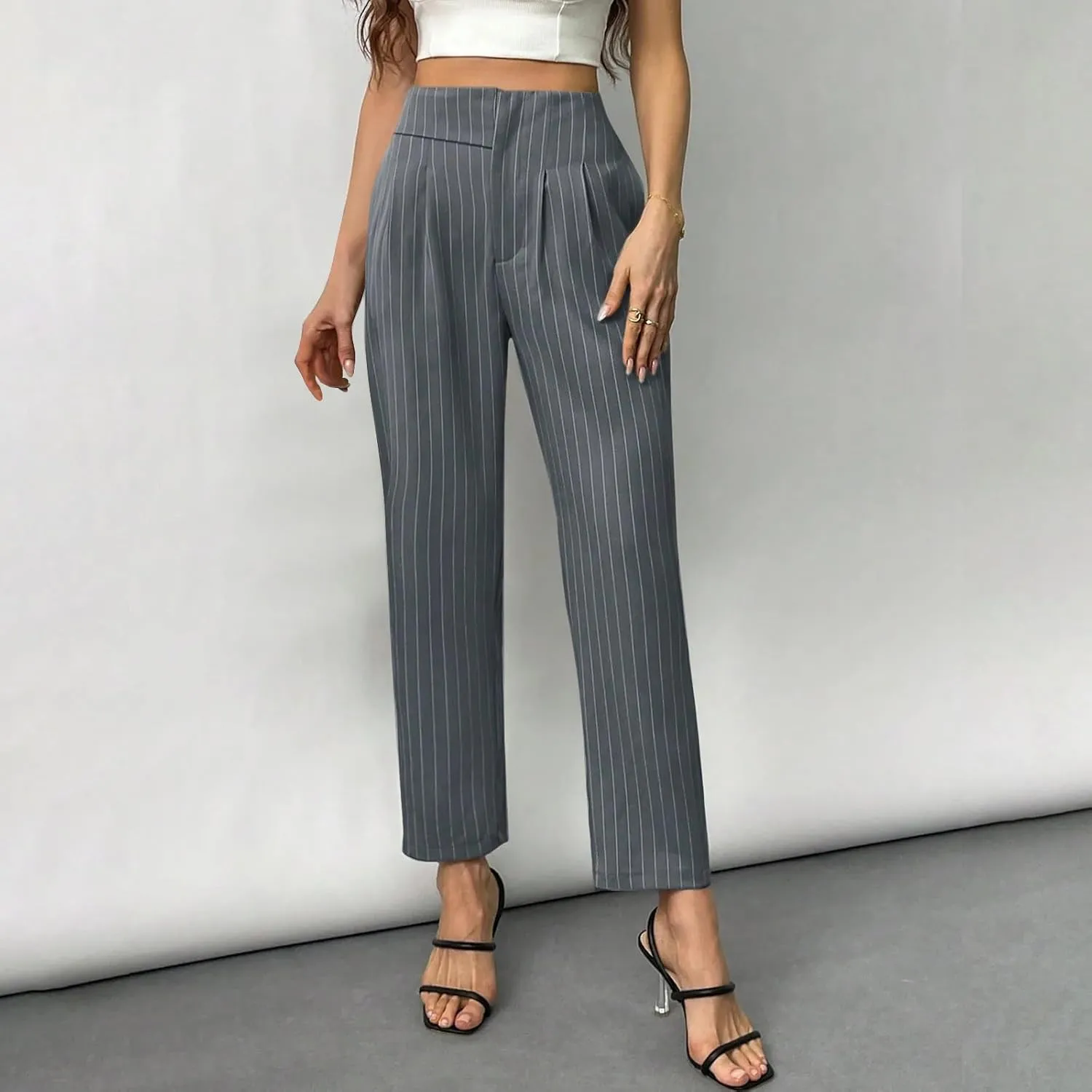 JOAU Women's Striped Print High Waisted Dress Pants Straight Leg Work Business Suit Pants Casual Pleated Office Trousers