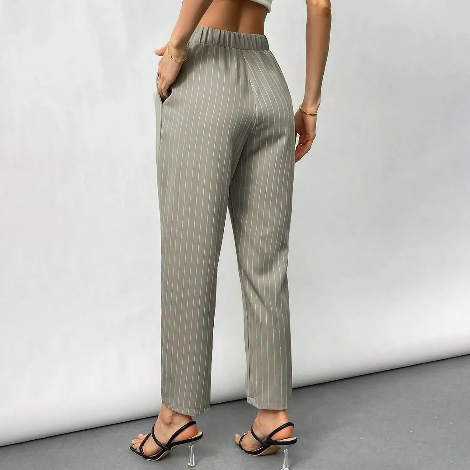 JOAU Women's Striped Print High Waisted Dress Pants Straight Leg Work Business Suit Pants Casual Pleated Office Trousers