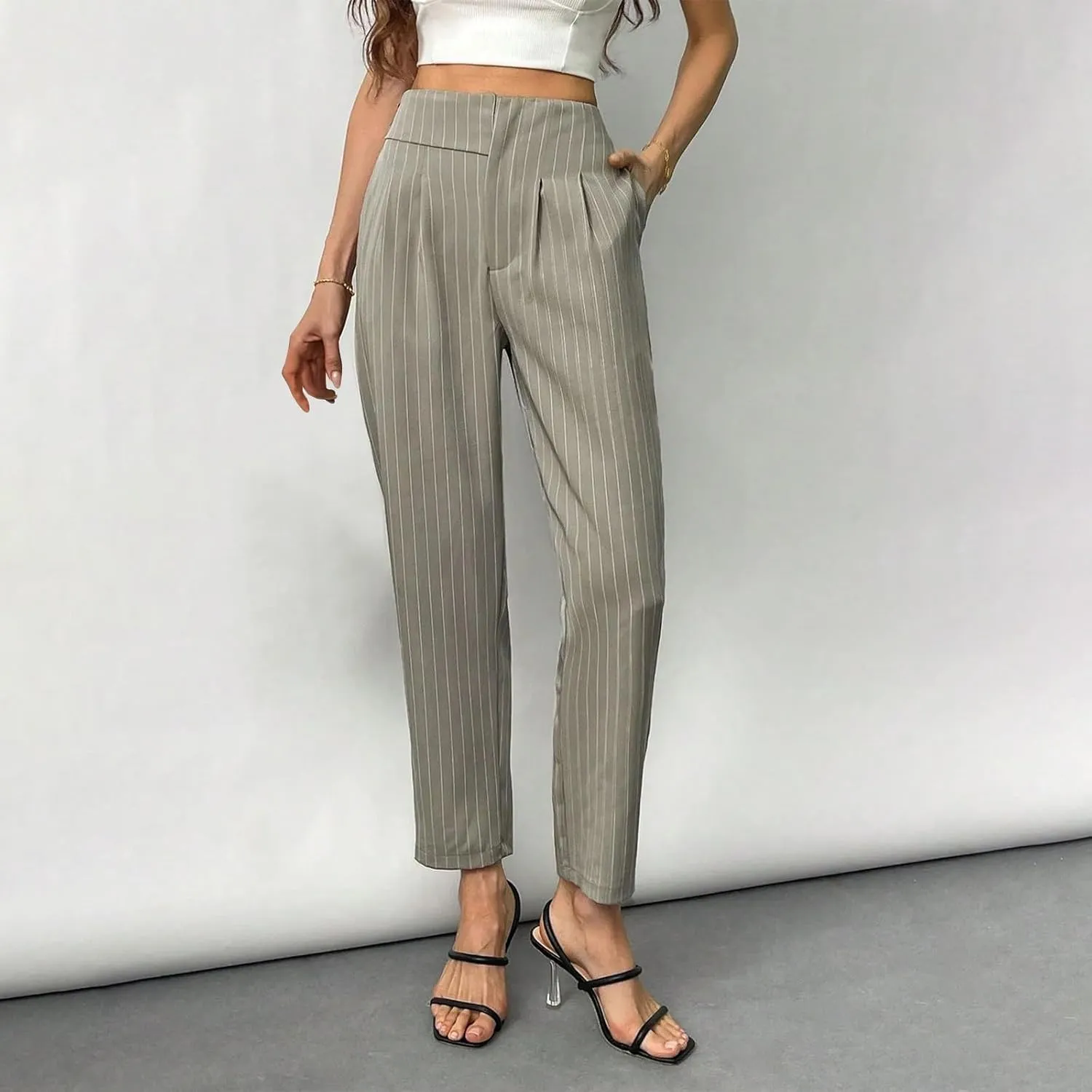 JOAU Women's Striped Print High Waisted Dress Pants Straight Leg Work Business Suit Pants Casual Pleated Office Trousers
