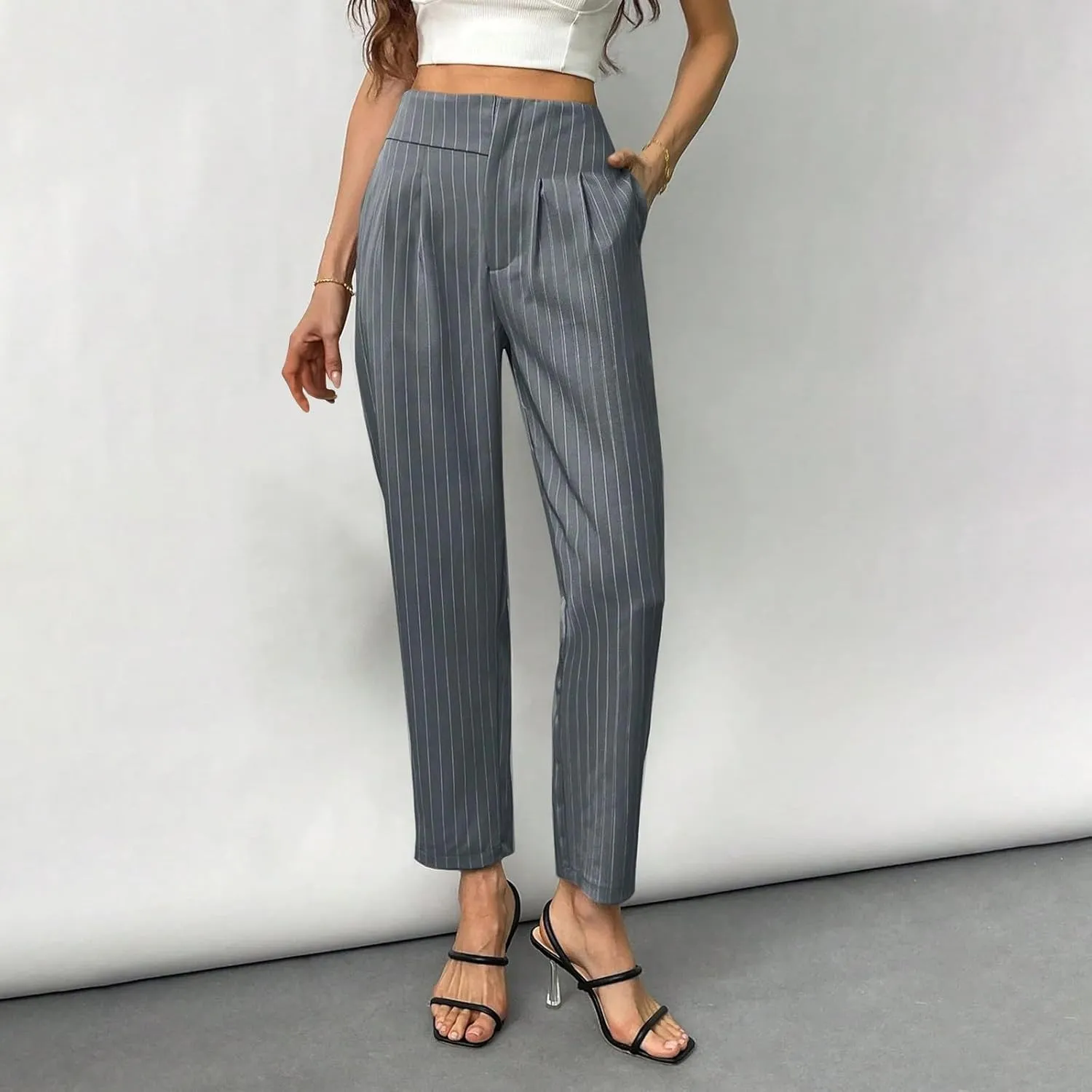 JOAU Women's Striped Print High Waisted Dress Pants Straight Leg Work Business Suit Pants Casual Pleated Office Trousers