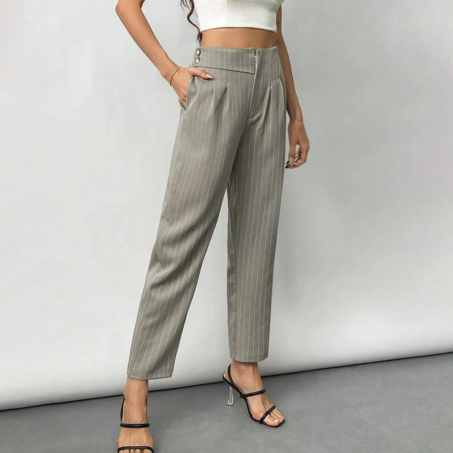 JOAU Women's Striped Print High Waisted Dress Pants Straight Leg Work Business Suit Pants Casual Pleated Office Trousers