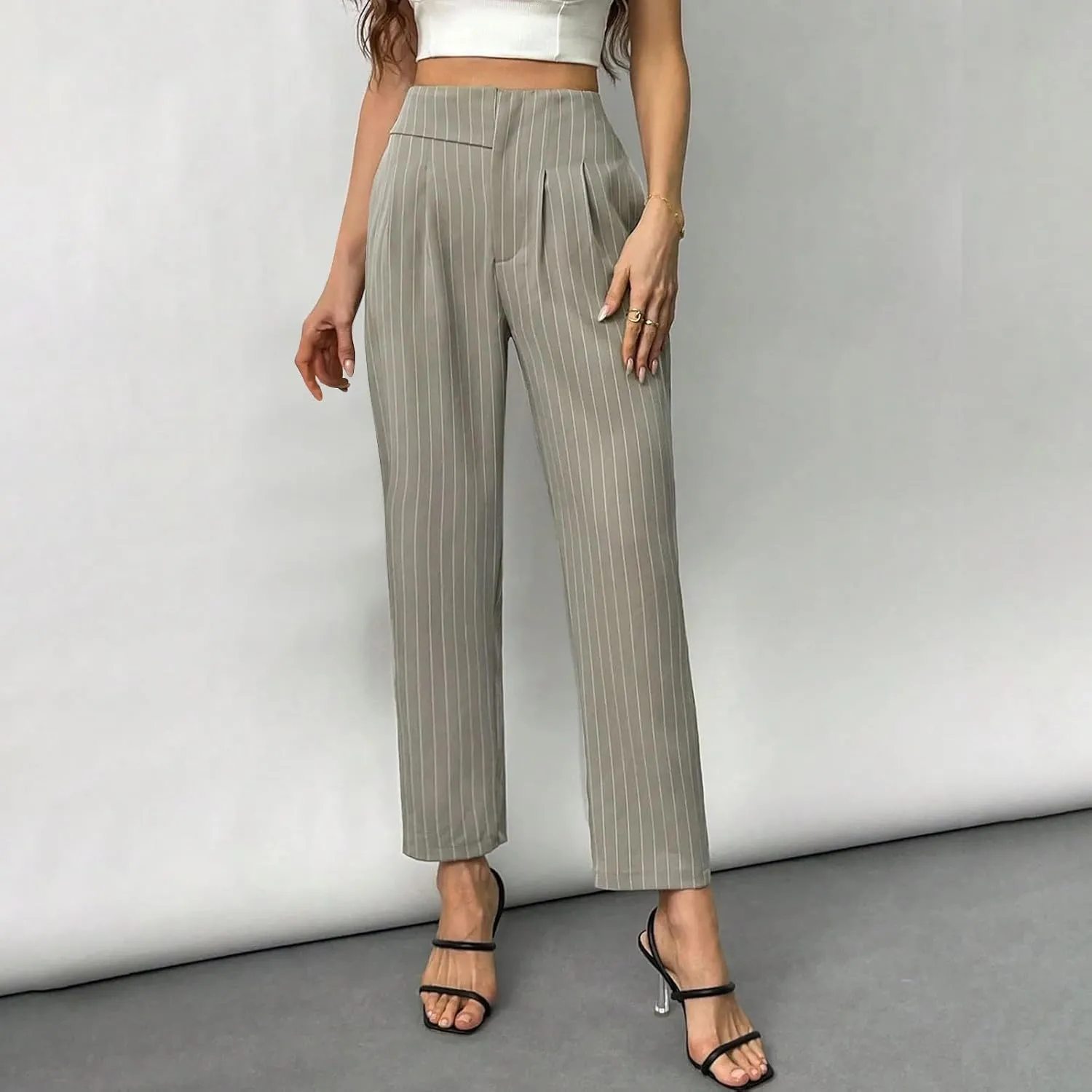 JOAU Women's Striped Print High Waisted Dress Pants Straight Leg Work Business Suit Pants Casual Pleated Office Trousers