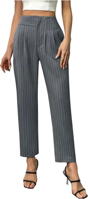 JOAU Women's Striped Print High Waisted Dress Pants Straight Leg Work Business Suit Pants Casual Pleated Office Trousers