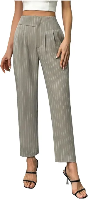 JOAU Women's Striped Print High Waisted Dress Pants Straight Leg Work Business Suit Pants Casual Pleated Office Trousers