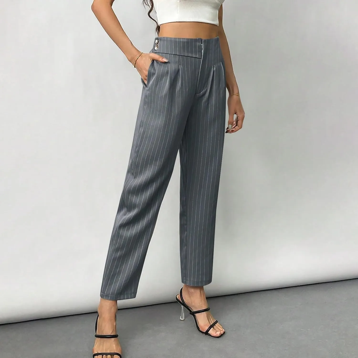 JOAU Women's Striped Print High Waisted Dress Pants Straight Leg Work Business Suit Pants Casual Pleated Office Trousers