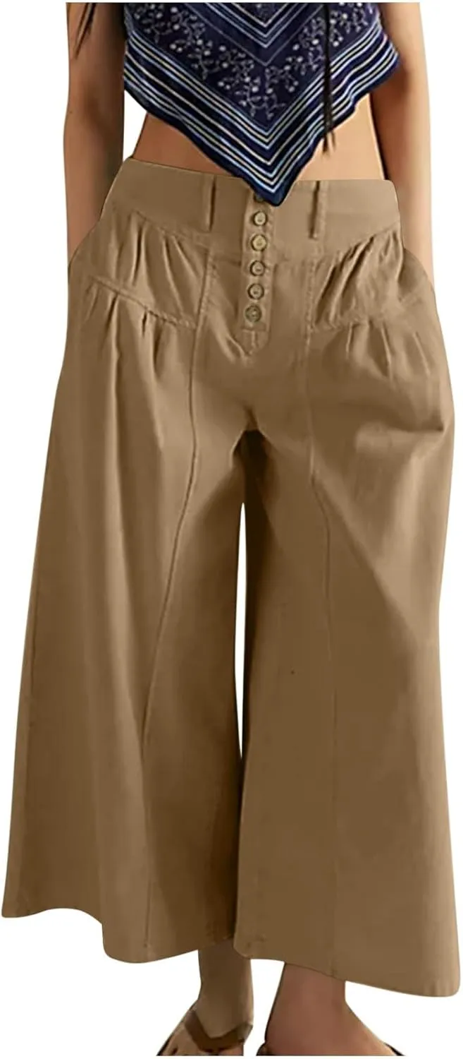 JOAU Women's Summer Loose Wide Leg Palazzo Pants Casual Trendy Pleated Button High Waisted Baggy Beach Trousers with Pockets