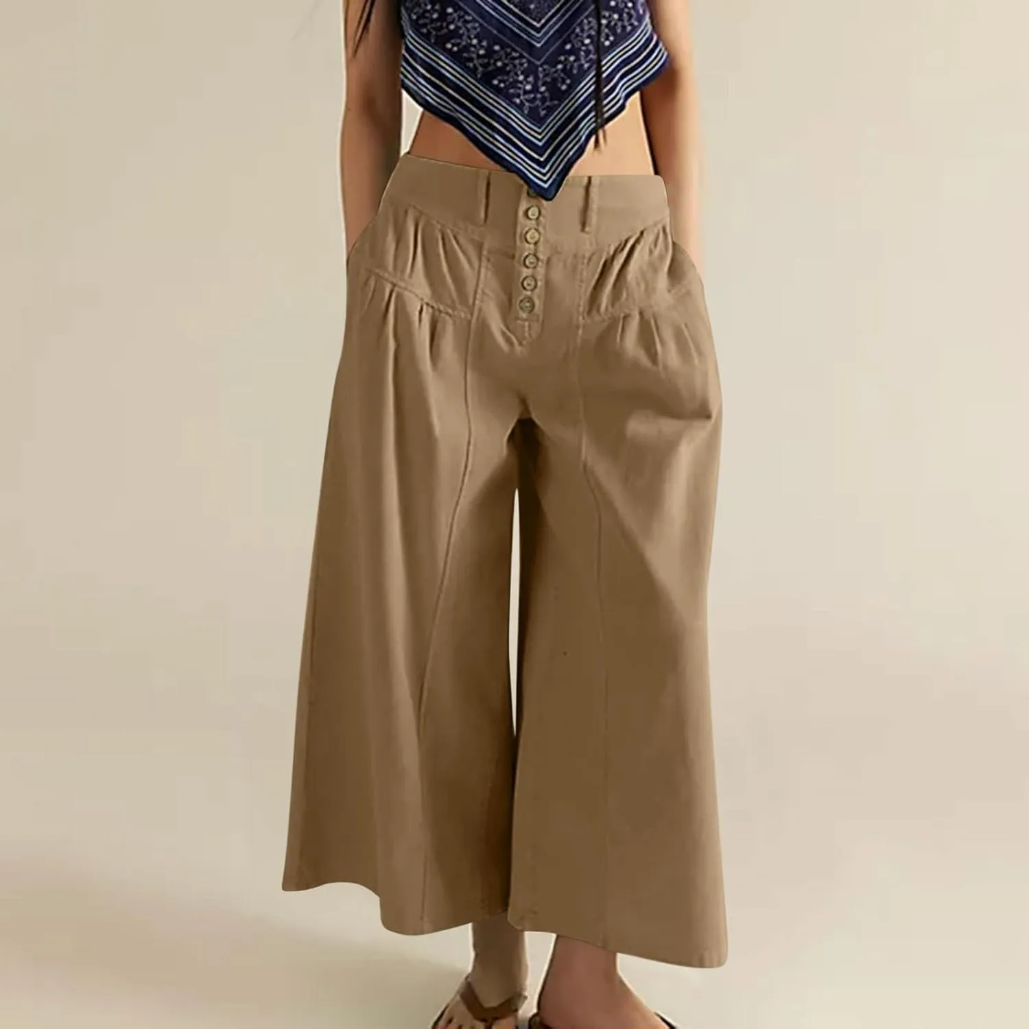 JOAU Women's Summer Loose Wide Leg Palazzo Pants Casual Trendy Pleated Button High Waisted Baggy Beach Trousers with Pockets