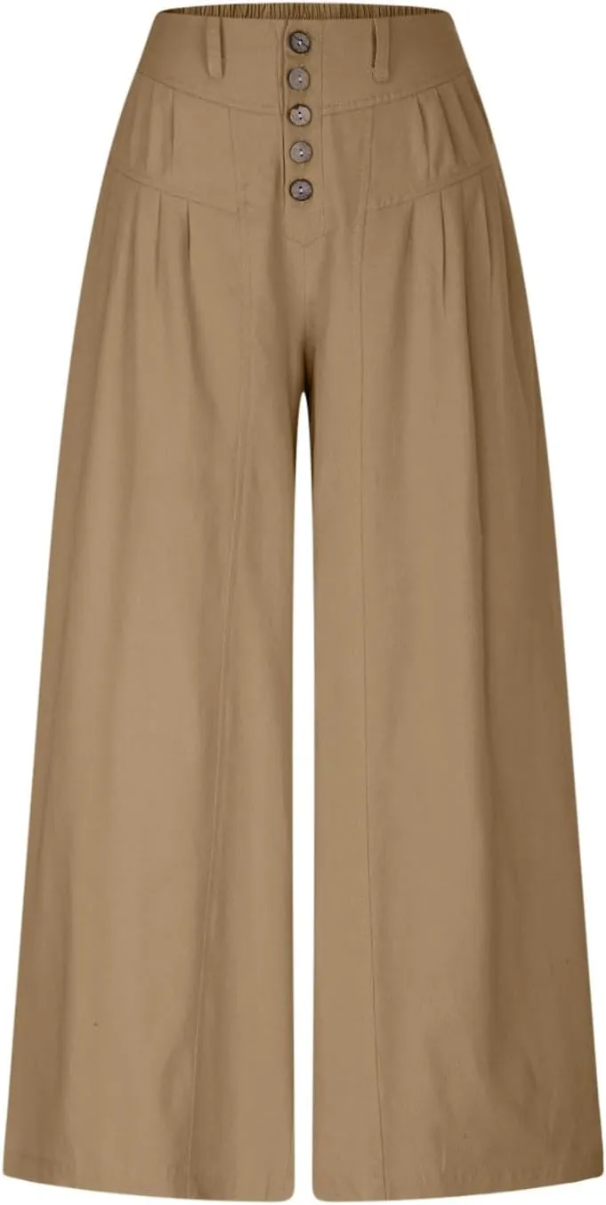 JOAU Women's Summer Loose Wide Leg Palazzo Pants Casual Trendy Pleated Button High Waisted Baggy Beach Trousers with Pockets