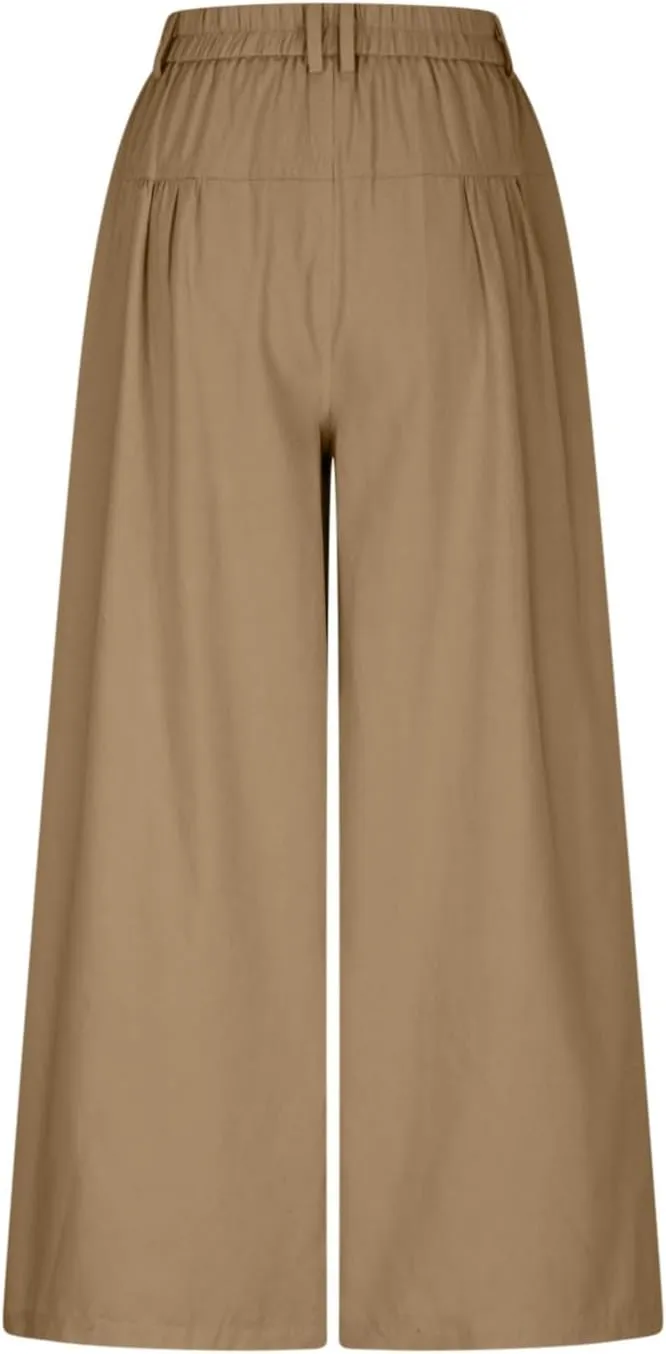 JOAU Women's Summer Loose Wide Leg Palazzo Pants Casual Trendy Pleated Button High Waisted Baggy Beach Trousers with Pockets