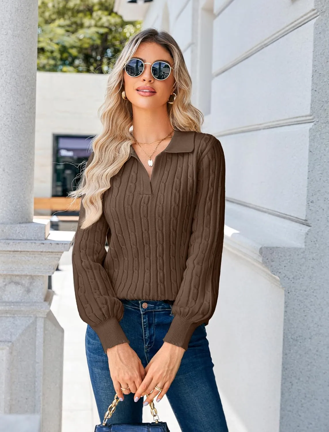 JUSTFASHIONNOW Womens Sweaters Polo V Neck Cable Knit Sweater Dressy Casual Pullover Jumper Tops Fall Winter Trendy