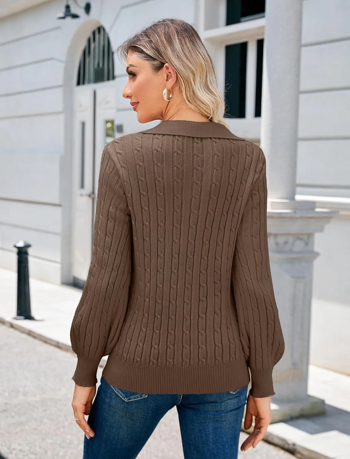JUSTFASHIONNOW Womens Sweaters Polo V Neck Cable Knit Sweater Dressy Casual Pullover Jumper Tops Fall Winter Trendy
