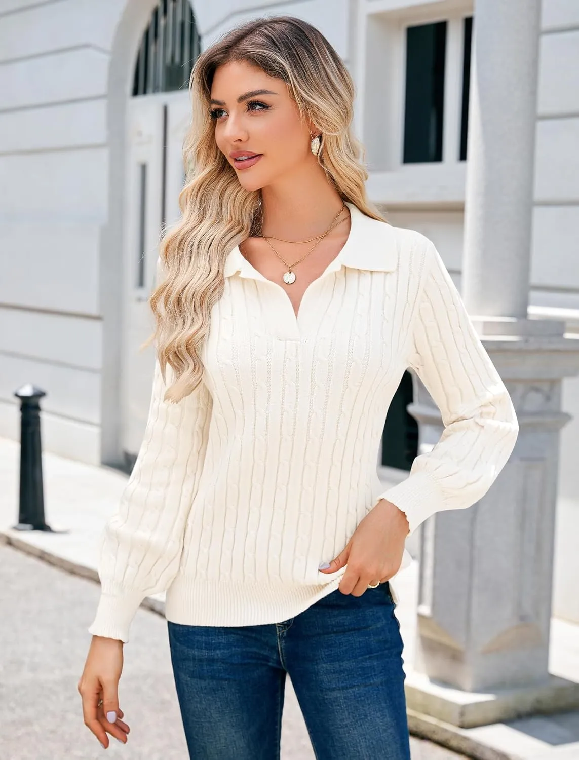 JUSTFASHIONNOW Womens Sweaters Polo V Neck Cable Knit Sweater Dressy Casual Pullover Jumper Tops Fall Winter Trendy
