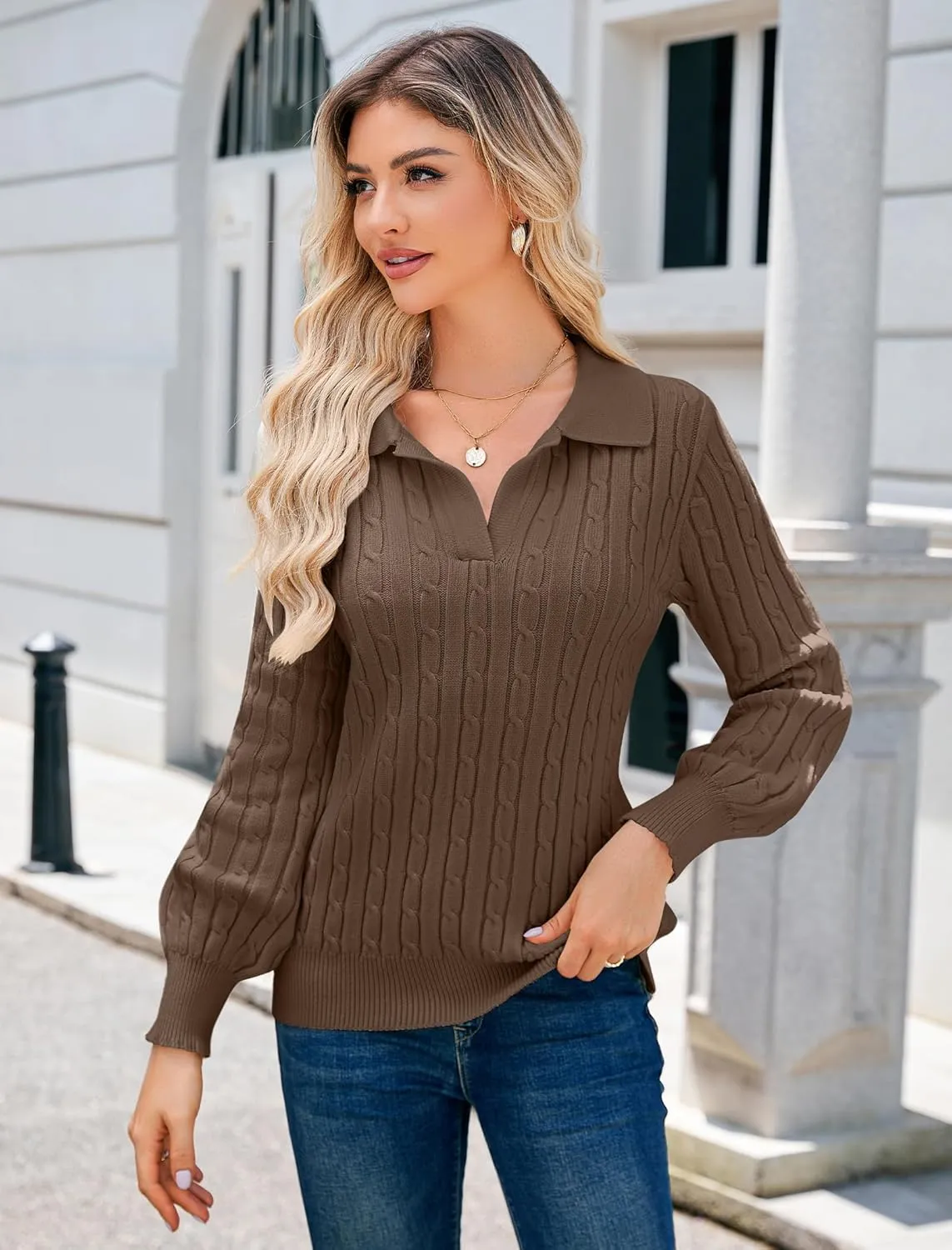 JUSTFASHIONNOW Womens Sweaters Polo V Neck Cable Knit Sweater Dressy Casual Pullover Jumper Tops Fall Winter Trendy