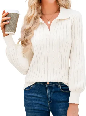 JUSTFASHIONNOW Womens Sweaters Polo V Neck Cable Knit Sweater Dressy Casual Pullover Jumper Tops Fall Winter Trendy