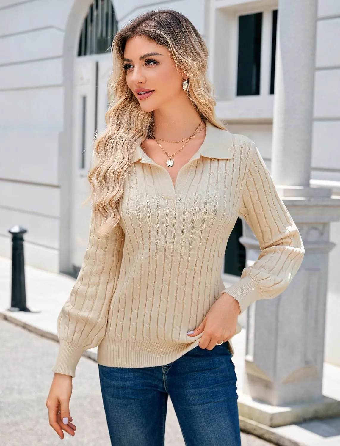 JUSTFASHIONNOW Womens Sweaters Polo V Neck Cable Knit Sweater Dressy Casual Pullover Jumper Tops Fall Winter Trendy