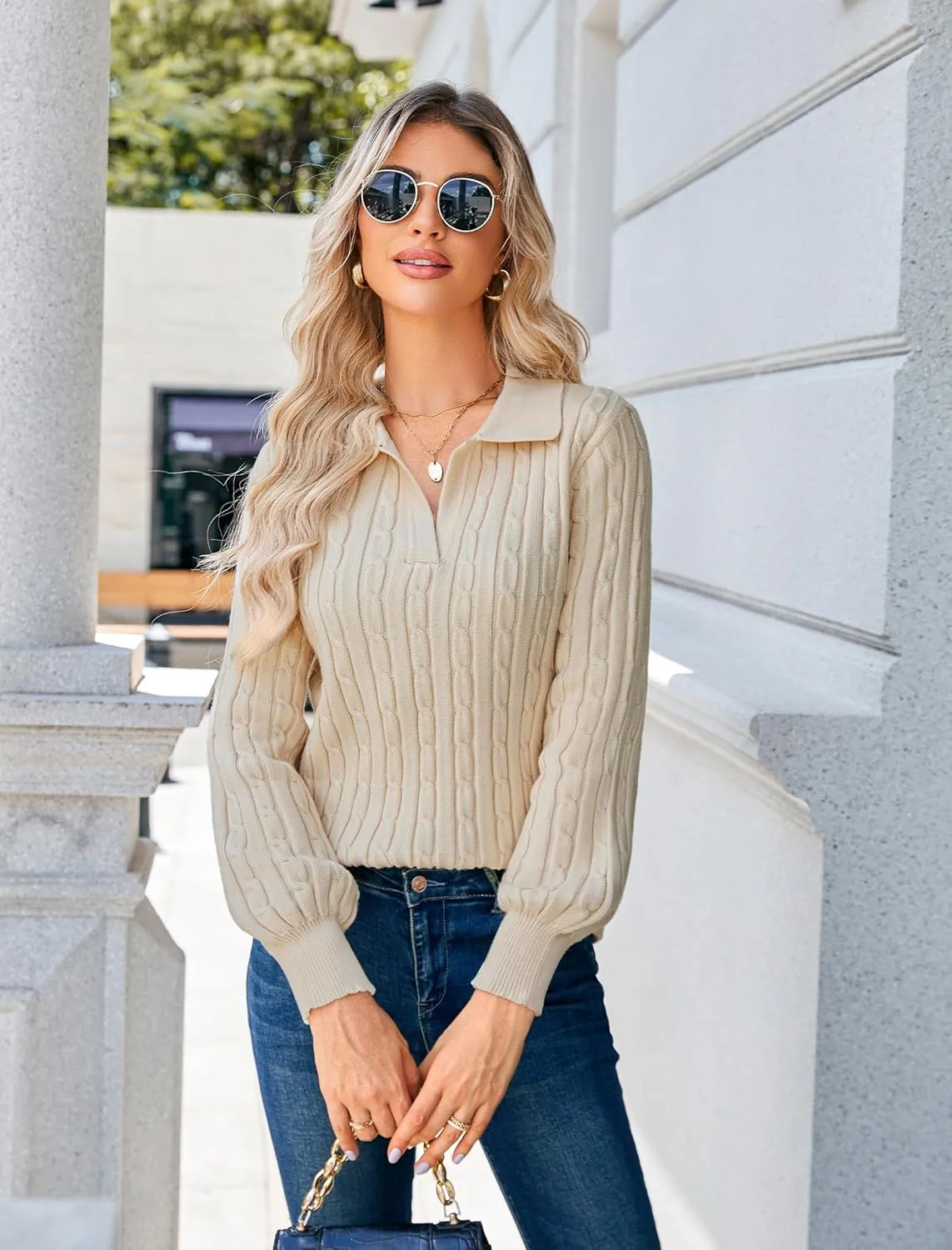 JUSTFASHIONNOW Womens Sweaters Polo V Neck Cable Knit Sweater Dressy Casual Pullover Jumper Tops Fall Winter Trendy