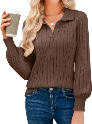 JUSTFASHIONNOW Womens Sweaters Polo V Neck Cable Knit Sweater Dressy Casual Pullover Jumper Tops Fall Winter Trendy