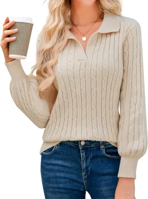 JUSTFASHIONNOW Womens Sweaters Polo V Neck Cable Knit Sweater Dressy Casual Pullover Jumper Tops Fall Winter Trendy