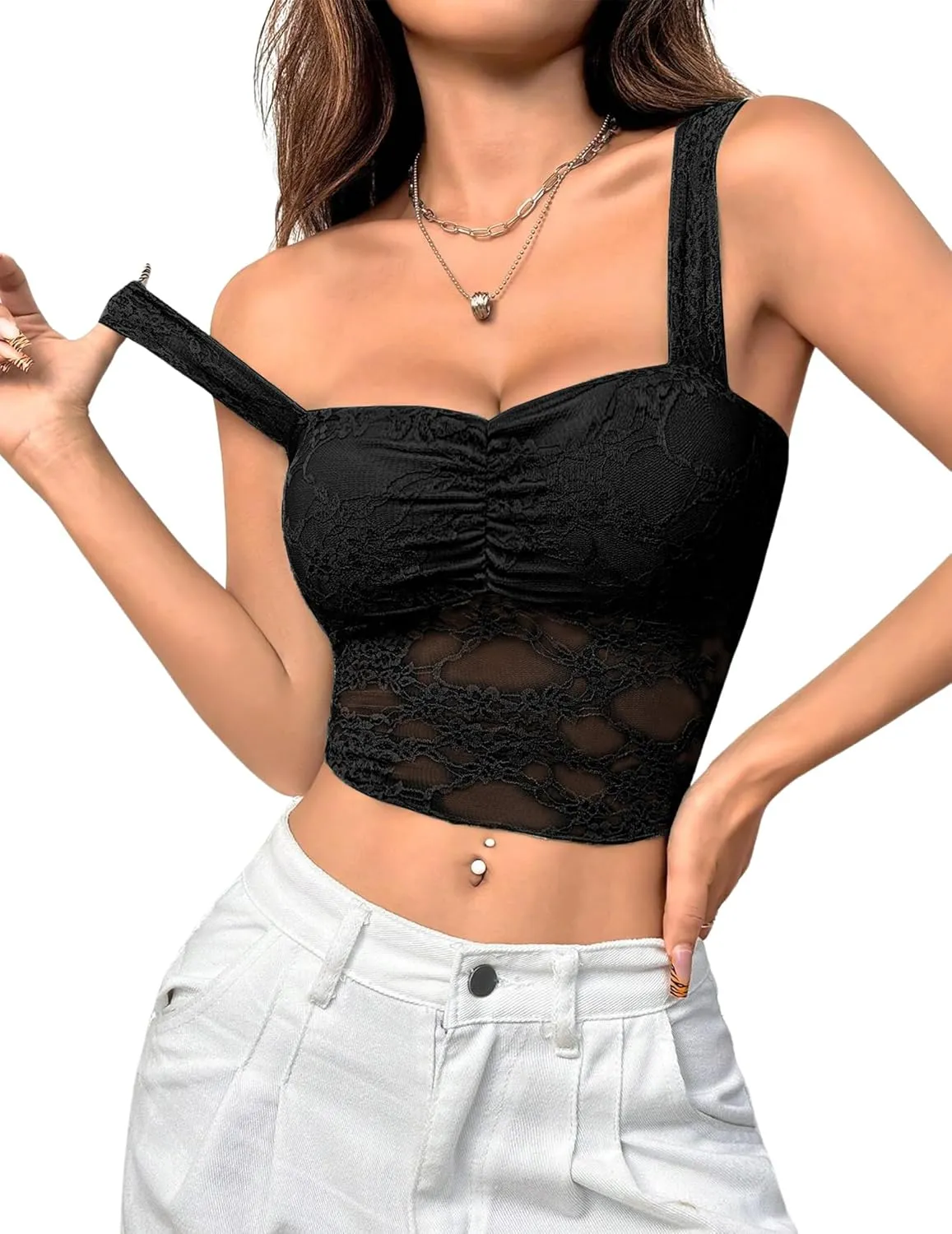 Lace Tops for Women Sexy Crop Tops Y2k Going Out Shirt Mesh Camisole Blouse Tank Sheer Outfits