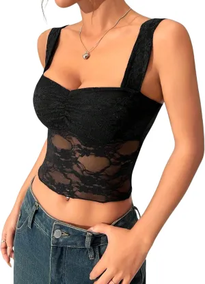 Lace Tops for Women Sexy Crop Tops Y2k Going Out Shirt Mesh Camisole Blouse Tank Sheer Outfits